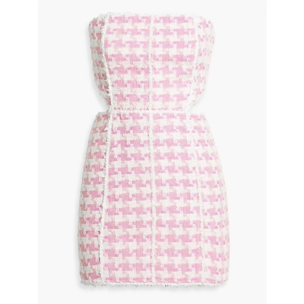 Retrofete Betheny Strapless Cutout Houndstooth Boucle-Tweed Pink Mini Dress